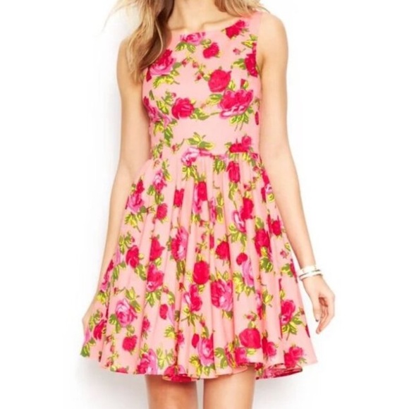 Betsey Johnson Retro Floral Rose Novelty Print Fit Flare Mini Dress Pink Size 2 - Picture 1 of 15